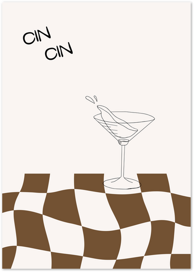 Line art martini glass with Cin Cin text above a wavy brown checkerboard pattern