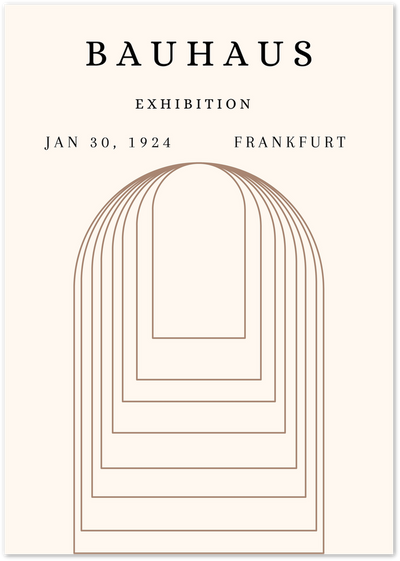 Bauhaus Exhibition poster with nested arch line art in terracotta on cream background