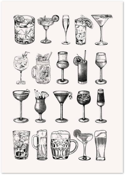Black and white illustration chart of twenty cocktail and bar glasses