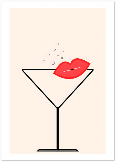 Line-art martini glass poster with red lips resting on the rim and rising bubbles