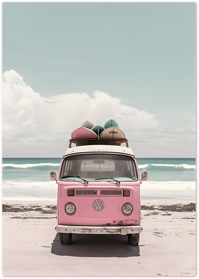 Pink Volkswagen camper van with surfboards on roof rack parked on a beach