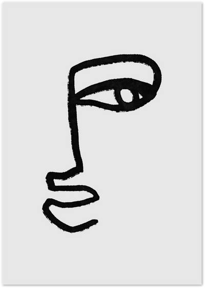Minimalist single-line drawing of an abstract face with one eye on light grey background