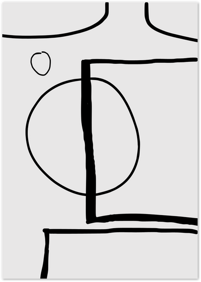 Minimalist black line art poster with a large circle, curves and geometric shapes on grey