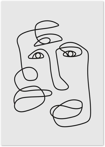Minimalist single-line abstract face drawing in black on a light grey background