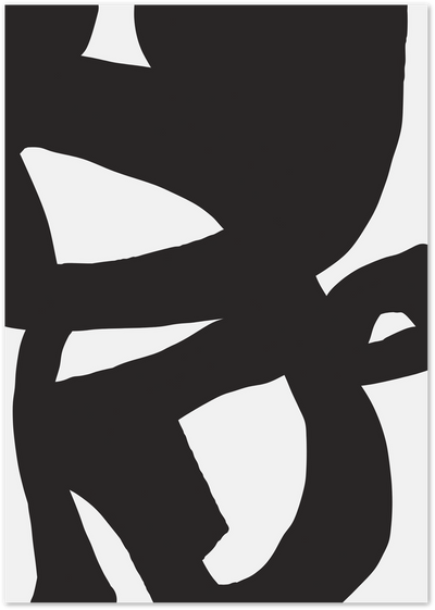 Abstract black and white poster with bold organic cut-out shapes forming a mask-like composition