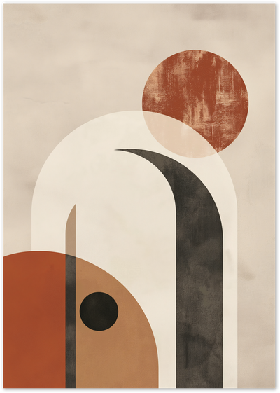 Abstract poster with terracotta sun, cream arch and black curved column shapes
