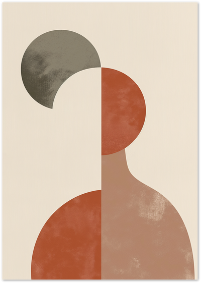 Abstract geometric poster of a human silhouette in terracotta, clay and olive-green tones