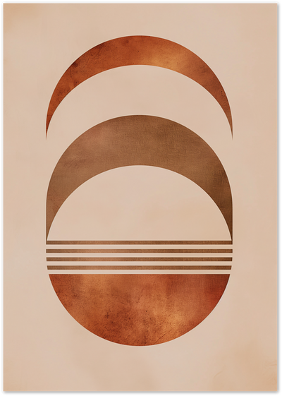 Abstract geometric poster with layered rust orange and brown crescent shapes on beige background