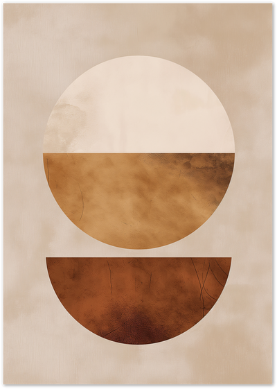 Abstract poster with a cream and ochre circle above a terracotta half-moon on beige background