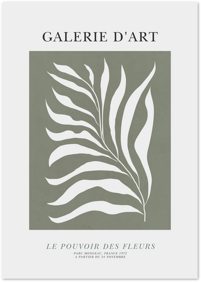 Sage green gallery poster with white botanical leaf silhouette and French exhibition typography