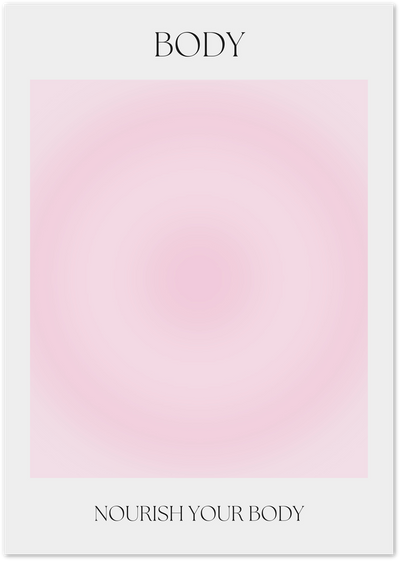 Minimalist poster with the word Body and a soft pink gradient, text Nourish Your Body below