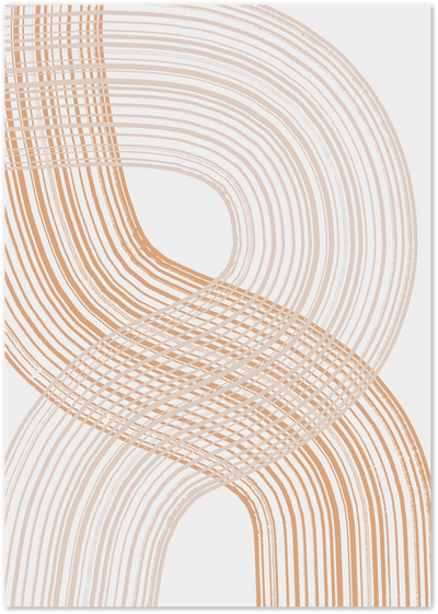 Abstract poster with curved terracotta and beige lines forming swirls and a woven grid pattern