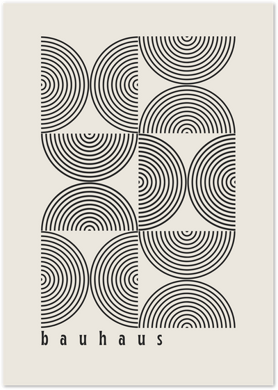 Bauhaus poster with grid of concentric circles and arcs in black line art on beige background