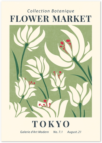 Tokyo Flower Market poster with white flowers and green stems on sage background