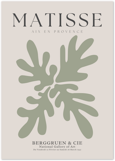 Matisse exhibition poster with sage green botanical cut-out leaf shapes on beige background