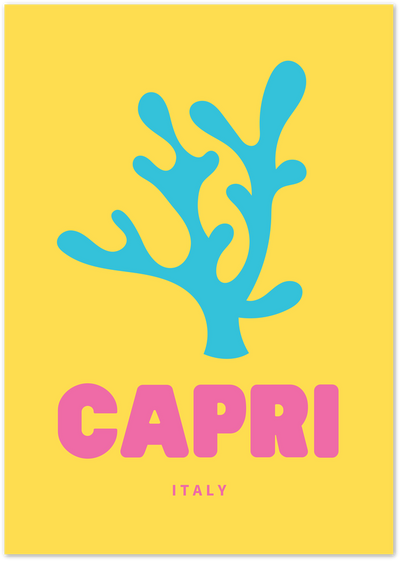 Turquoise coral illustration with Capri Italy text on a yellow background poster