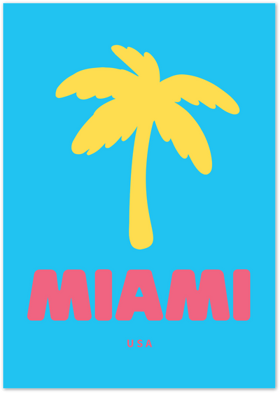 Miami poster with yellow palm tree, pink bubble text and blue background