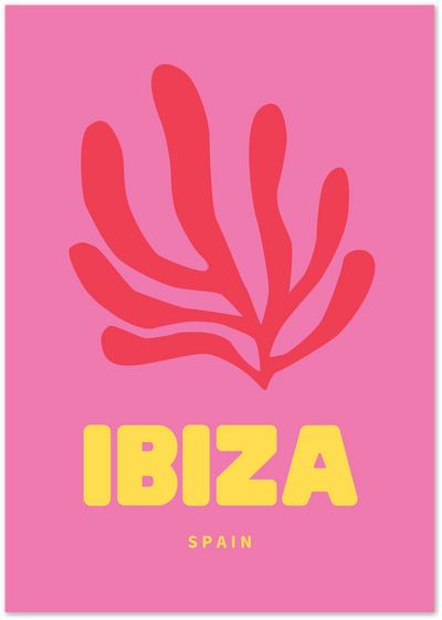 Pink poster with a red botanical leaf shape and yellow Ibiza Spain typography