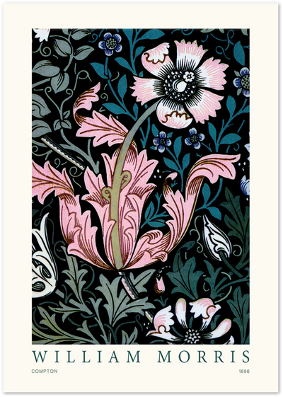 William Morris Compton 1896 pattern with pink flowers and teal foliage on black background