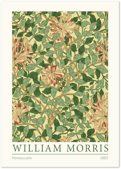 William Morris 1885 Honeysuckle pattern poster with coral flowers and green leaves on cream