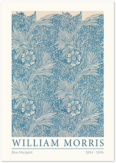 William Morris Blue Marigold pattern poster with blue floral and leaf design on cream background