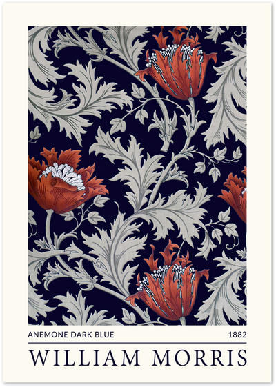 William Morris Anemone Dark Blue 1882 floral pattern poster with orange flowers and sage leaves