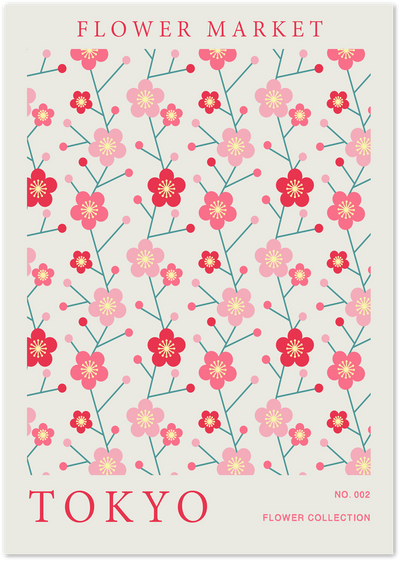 Flower Market Tokyo poster with repeating pink and red cherry blossom branch pattern