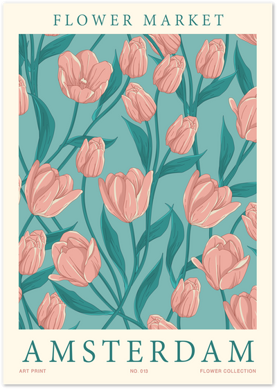 Pink tulip pattern art print with teal background and Flower Market Amsterdam typography