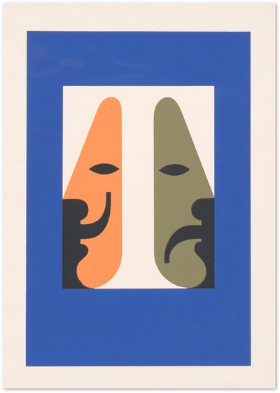 Minimalist abstract poster of two profile faces in orange and green on a blue-bordered background