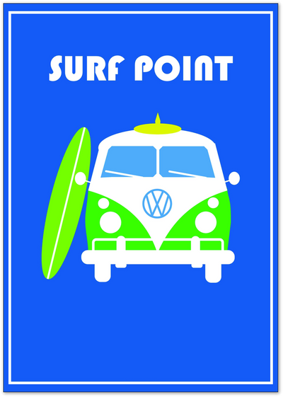 Retro Surf Point poster with green VW camper van and surfboard on blue background