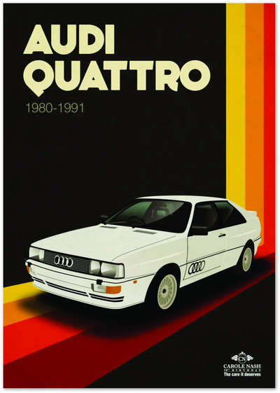 Retro poster of a white Audi Quattro with colourful stripes and 1980-1991 text