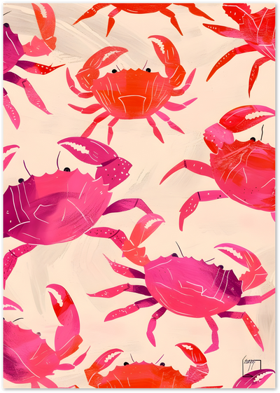 Illustrated pattern of pink, magenta, red and orange crabs on a beige background