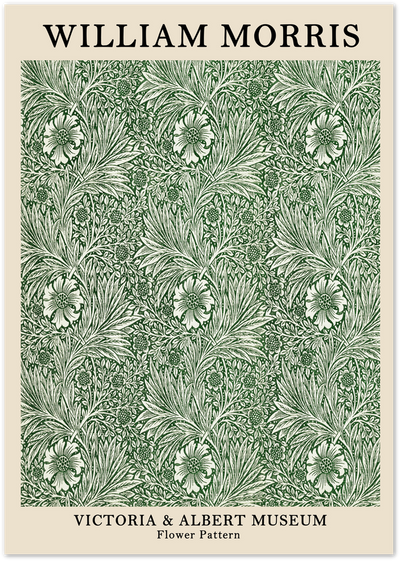 William Morris green floral pattern poster with marigold flowers and leaves, Victoria & Albert Museum
