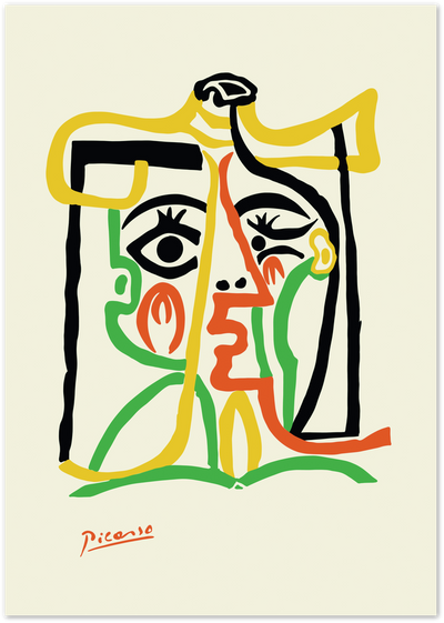 Abstract cubist face portrait poster in black, yellow, green and orange line art, signed Picasso