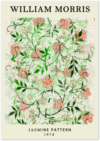 William Morris Jasmine pattern poster with coral flowers and green leaves, 1872