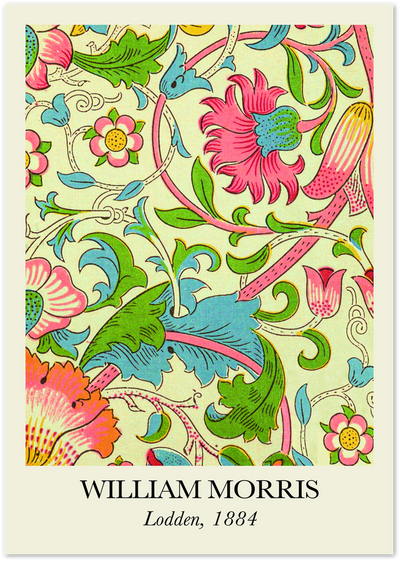William Morris Lodden 1884 floral pattern poster with pink, blue and orange flowers on cream