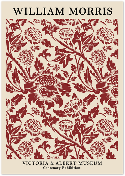 William Morris exhibition poster with red floral pattern and V&A Museum text