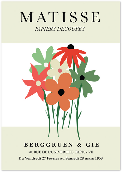 Matisse Papiers Decoupes poster with colourful cut-out flowers and Paris exhibition text