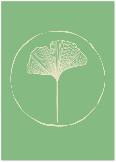 Ginkgo leaf line art in a circle on a green background poster