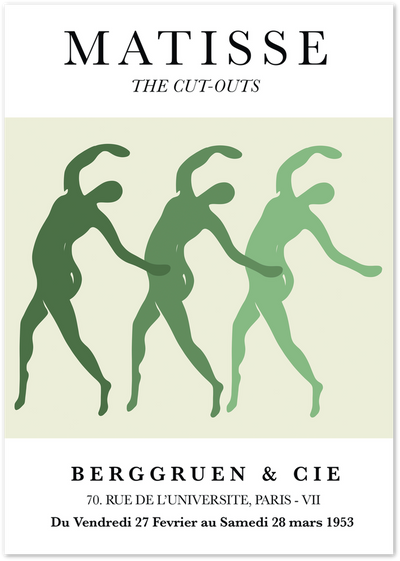 Matisse The Cut-Outs poster with three green dancing paper-cut figures on cream background