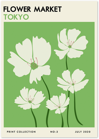 Flower Market Tokyo poster with cream cosmos flowers on a green background