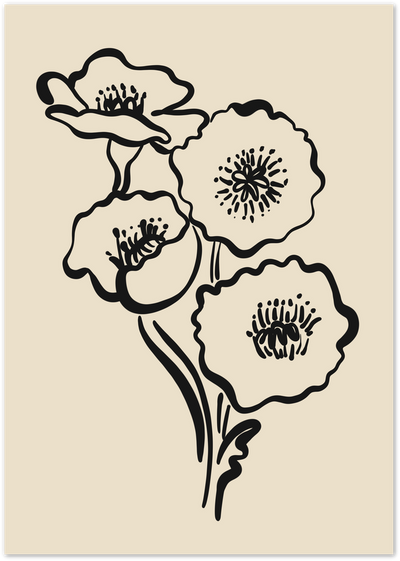 Black line art drawing of poppy flowers on a beige background