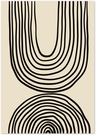 Poster of concentric black line art arches forming curved shapes on a beige background