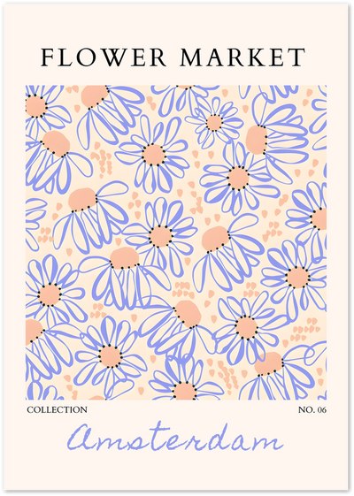 Flower Market Amsterdam poster with blue daisy pattern and peach centres on cream background