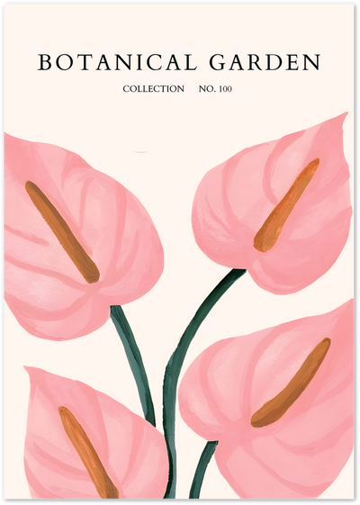 Botanical Garden poster with pink anthurium flowers and orange spadices on green stems