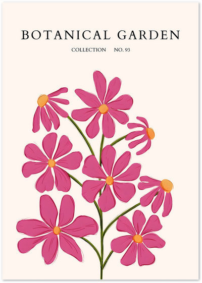 Illustrated pink wildflowers with orange centres on a cream Botanical Garden poster