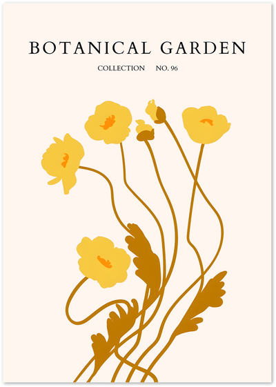 Botanical Garden poster with yellow wildflowers, golden stems and leaves on a cream background