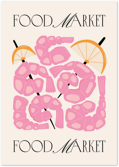 Illustrated poster of pink shrimp skewers with citrus slices and Food Market typography