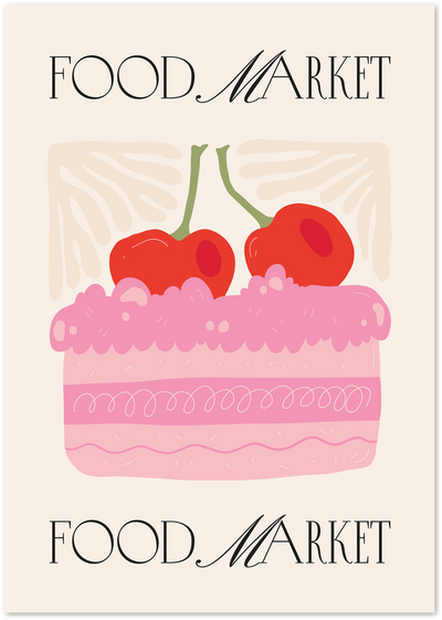 Illustrated pink layered cake topped with two cherries, with Food Market lettering above and below