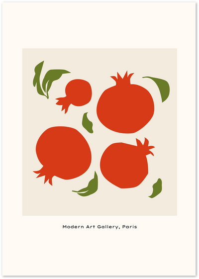 Illustration poster of four red pomegranates with green leaves on a cream background